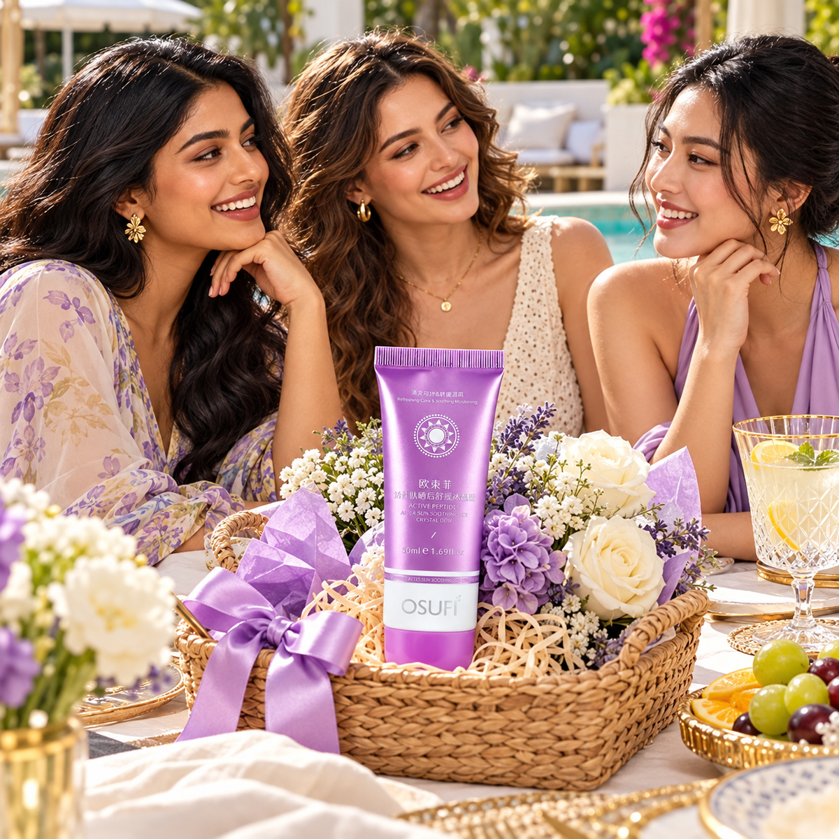 OSUFI Active Peptides After-Sun Soothing Ice Crystal Dew — 50 ml in a luxury garden setting; decorative props are not included