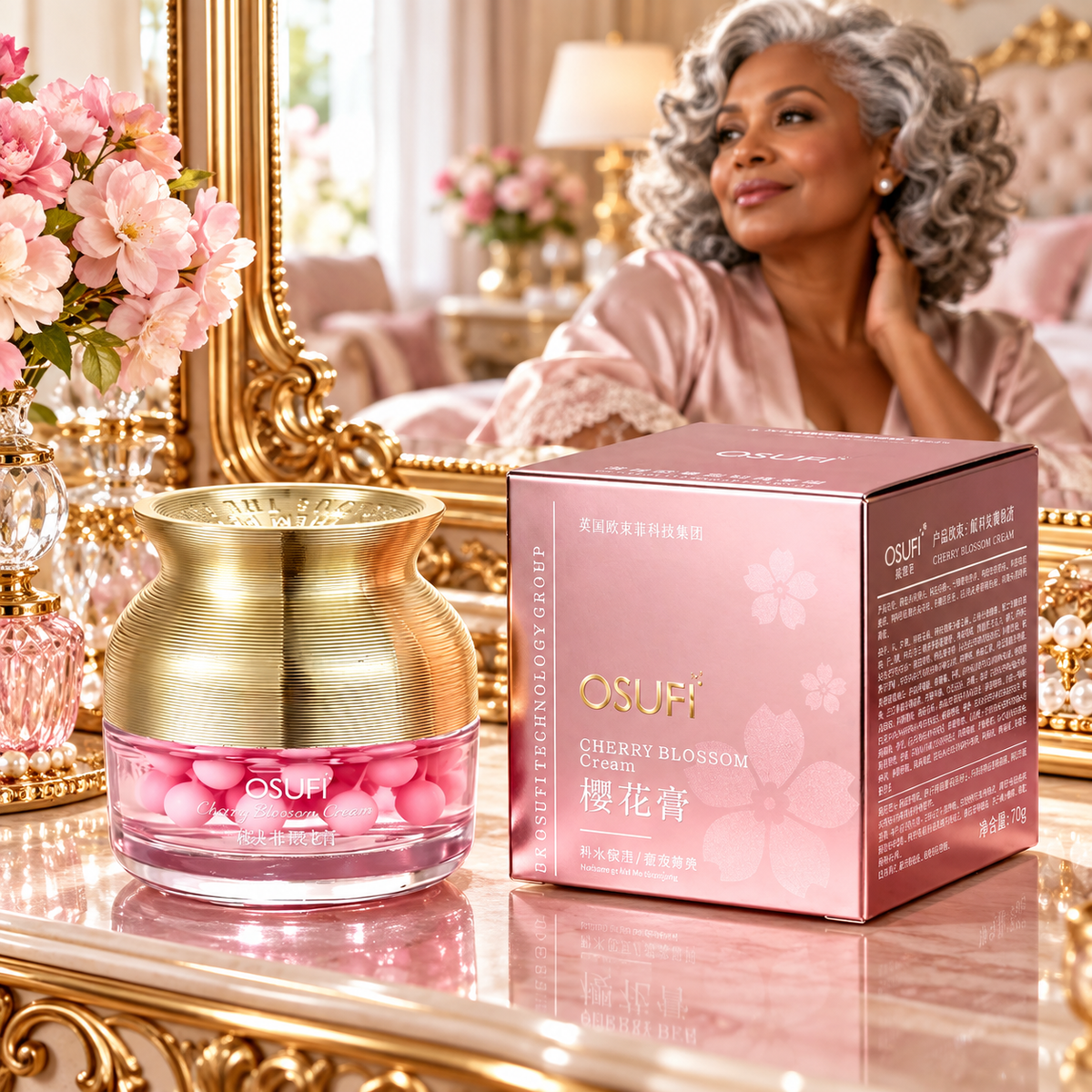 OSUFI Cherry Blossom Moisturizing Face Cream — 70 g in a luxury bathroom setting; decorative props are not included