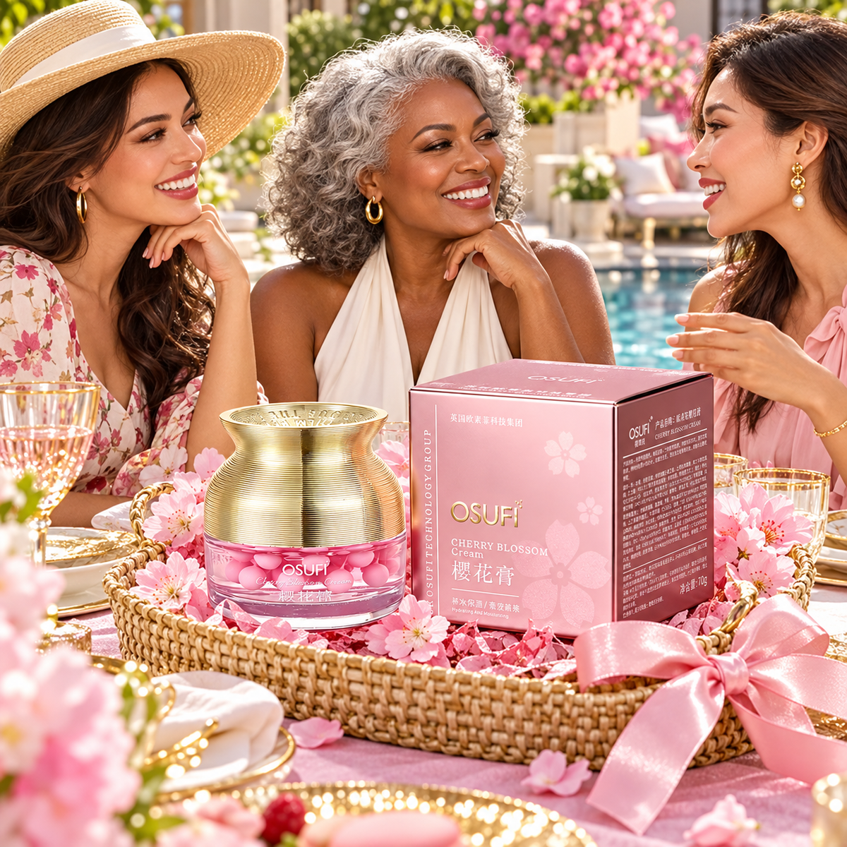 OSUFI Cherry Blossom Moisturizing Face Cream — 70 g in a luxury garden setting; decorative props are not included