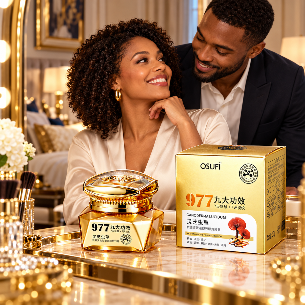 OSUFI 977 Ganoderma Lucidum Cream — 50 g in a luxury couple setting; decorative props are not included