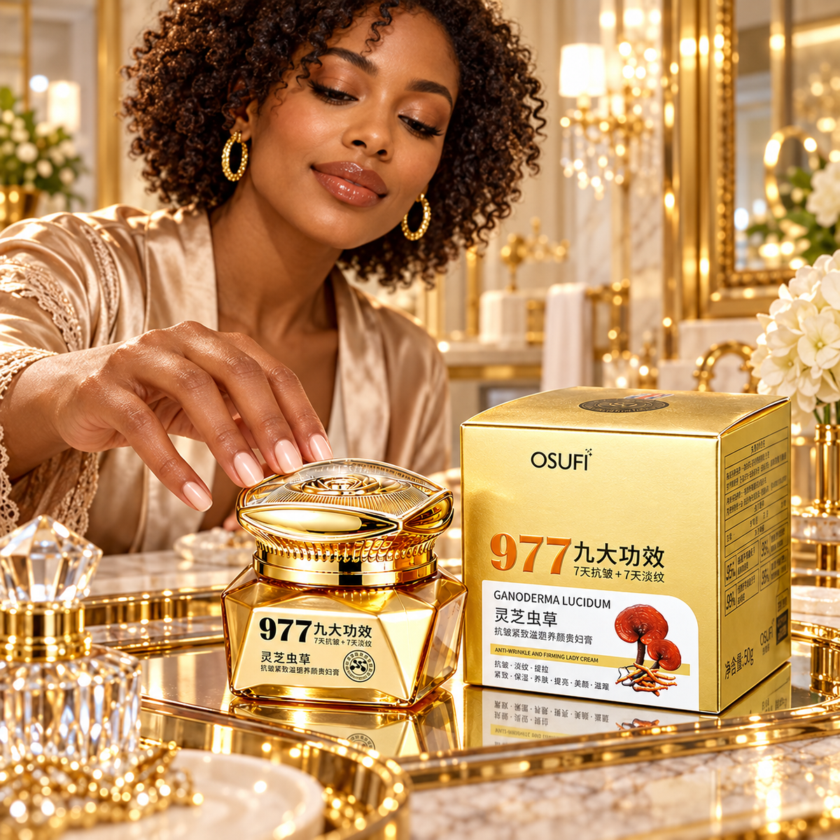 OSUFI 977 Ganoderma Lucidum Cream — 50 g in a luxury bathroom setting; decorative props are not included