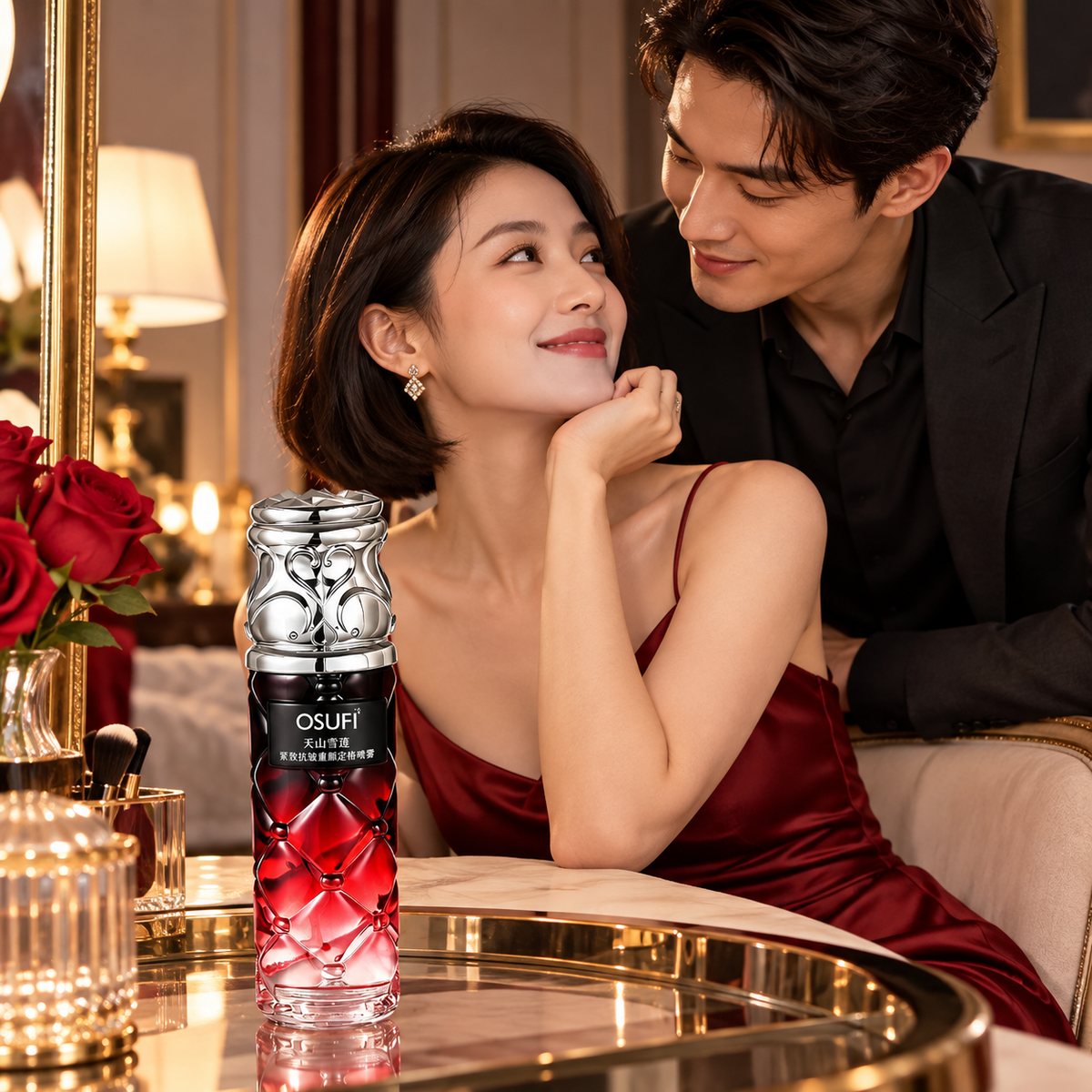 OSUFI Tianshan Snow Lotus Spray — 130 ml in a luxury couple setting; decorative props are not included