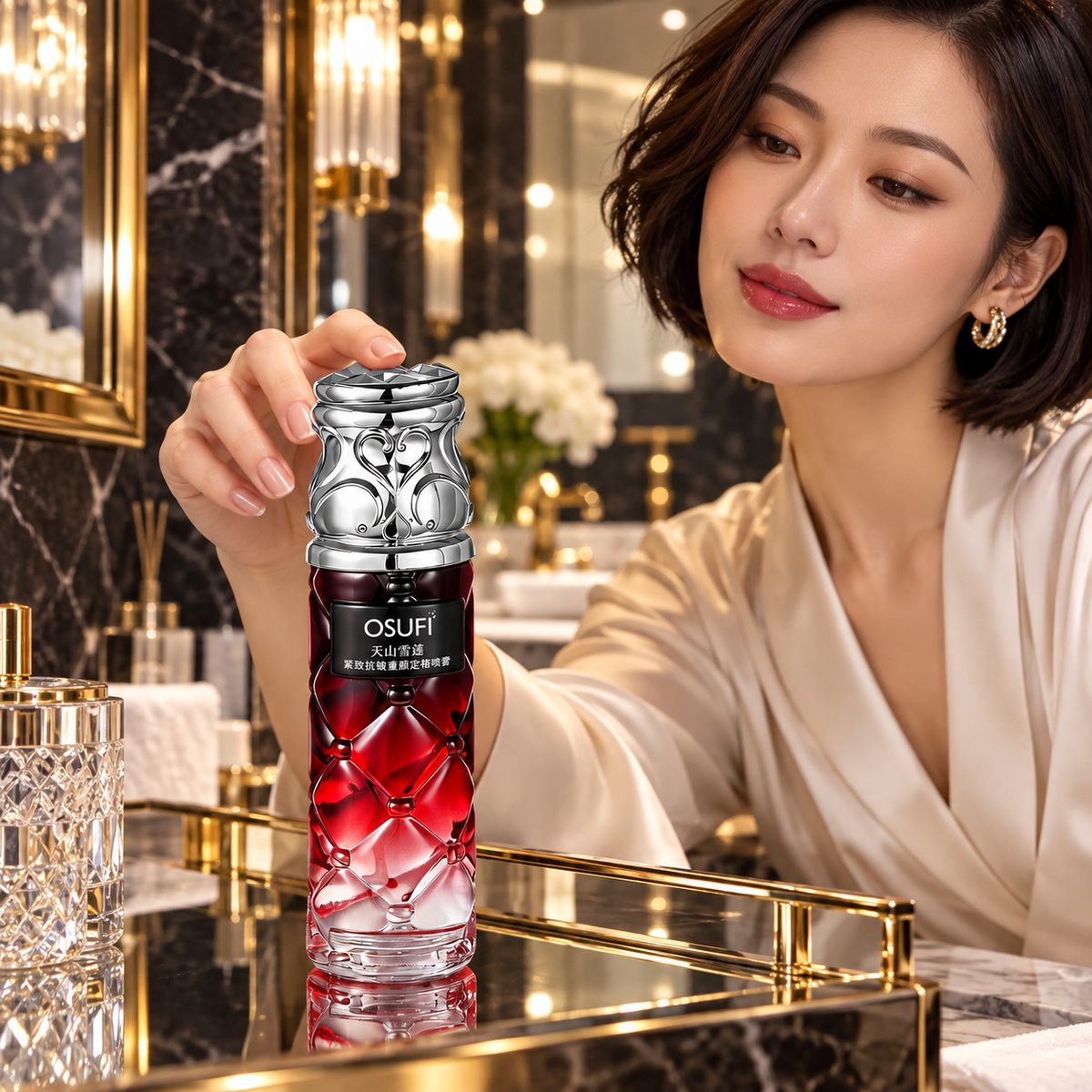 OSUFI Tianshan Snow Lotus Spray — 130 ml in a luxury bathroom setting; decorative props are not included