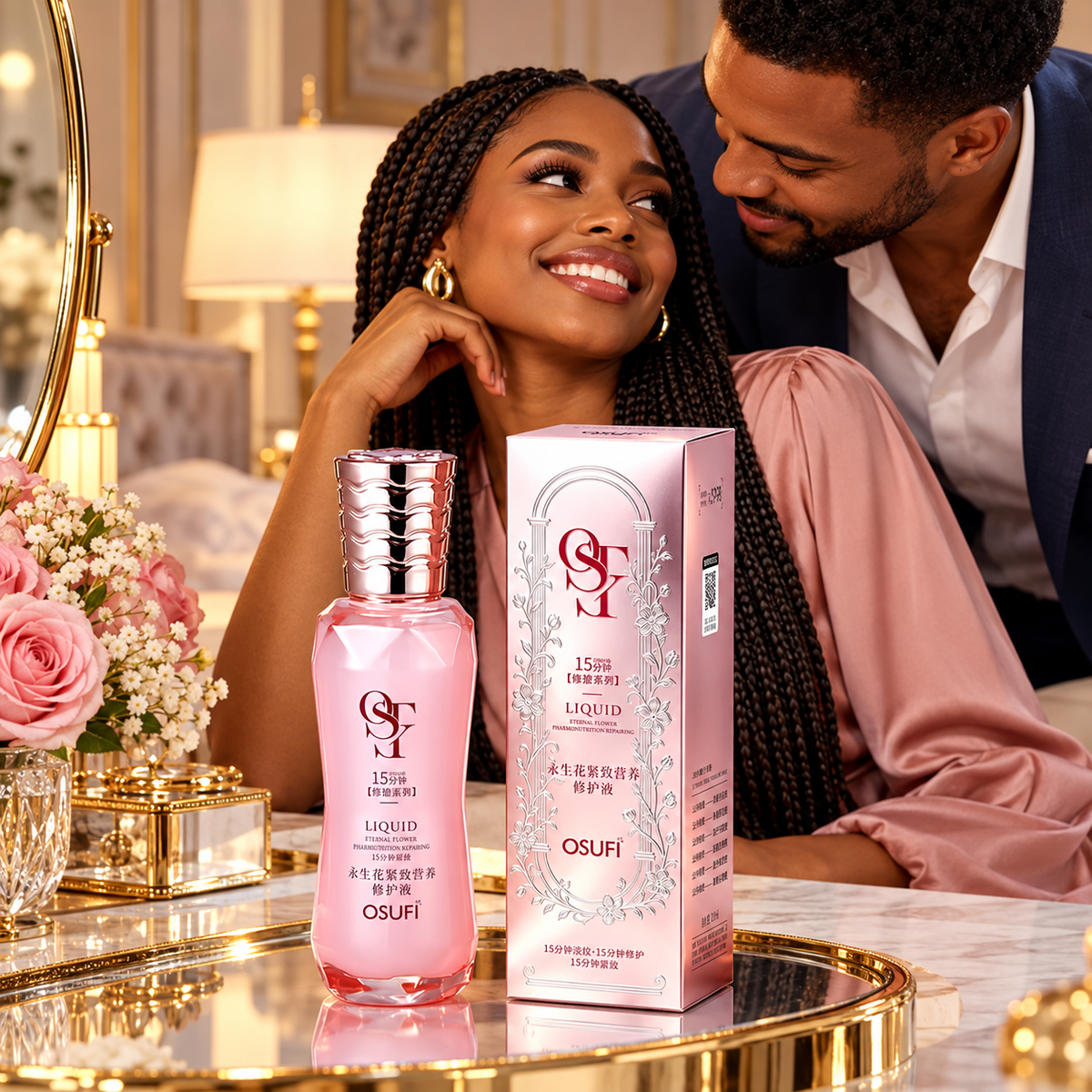 OSUFI Eternal Flower Firming Nutrition Repairing Liquid — 90 ml in a premium couple scene; styling props are not included