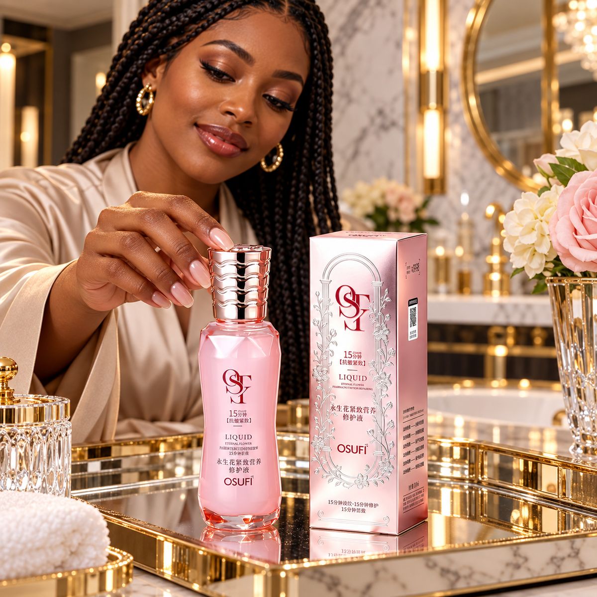 OSUFI Eternal Flower Firming Nutrition Repairing Liquid — 90 ml in a premium mirror scene; styling props are not included