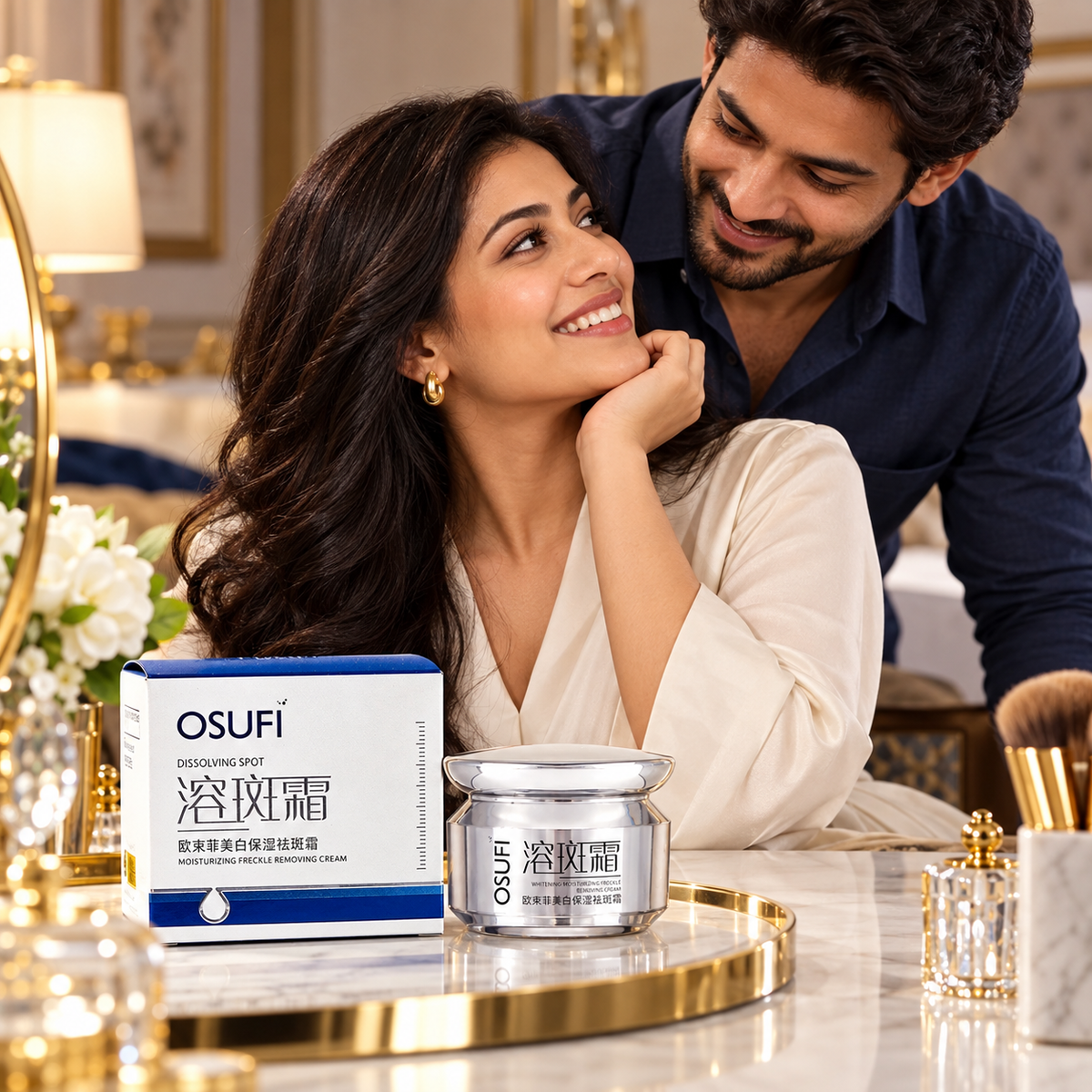 OSUFI Moisturizing Face Cream — Silver Jar in a premium couple scene; styling props are not included