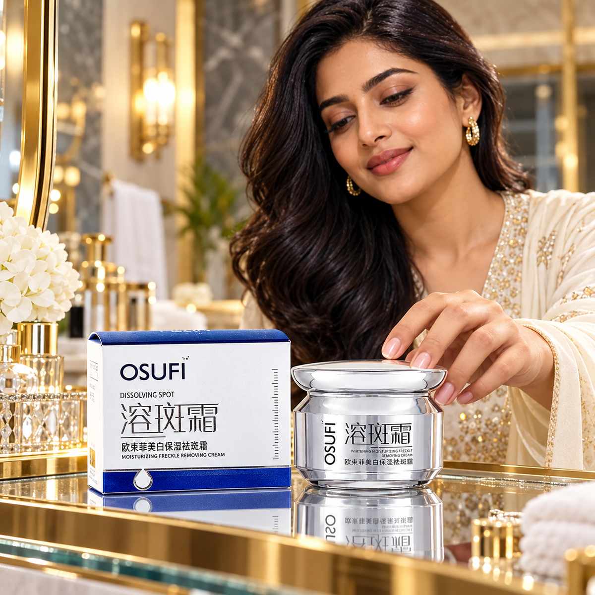 OSUFI Moisturizing Face Cream — Silver Jar in a premium mirror scene; styling props are not included