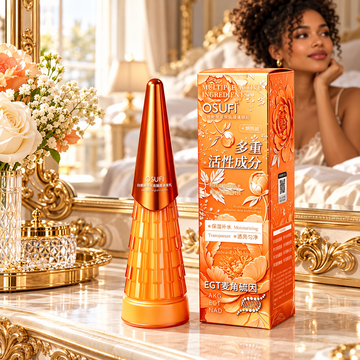 OSUFI Multiple Active Ingredients Lotion — luxury dresser; illustrative lifestyle scene