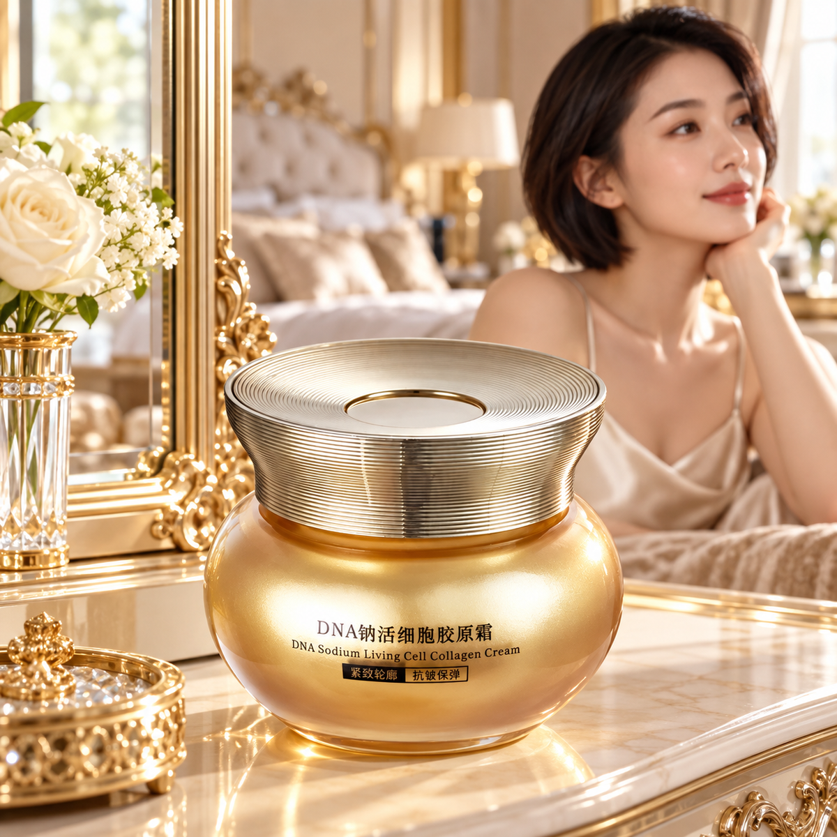 OSUFI DNA Sodium Living Cell Collagen Cream — 50 g in a premium dresser scene; styling props are not included