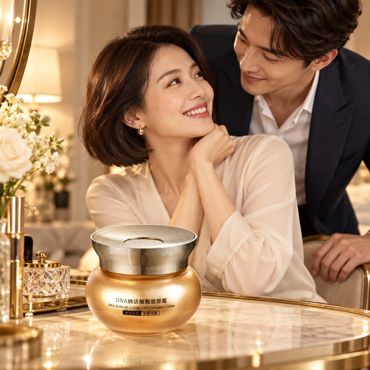 OSUFI DNA Sodium Living Cell Collagen Cream — 50 g in a premium couple scene; styling props are not included