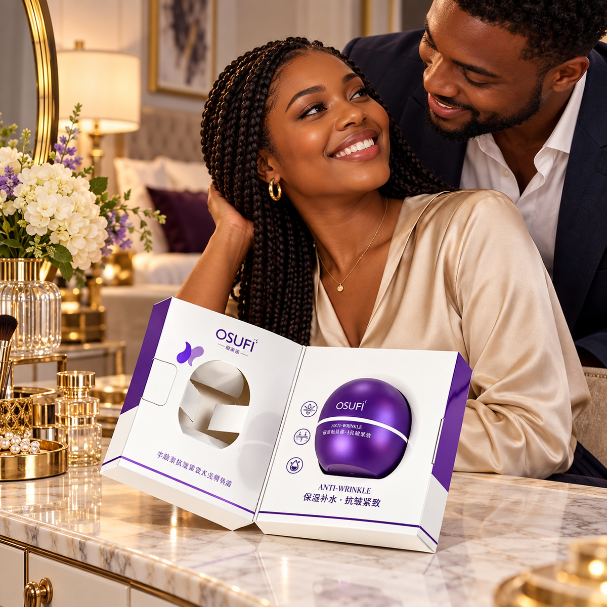 OSUFI Sheep Placenta Anti-Wrinkle Cream — adult couple; illustrative lifestyle scene