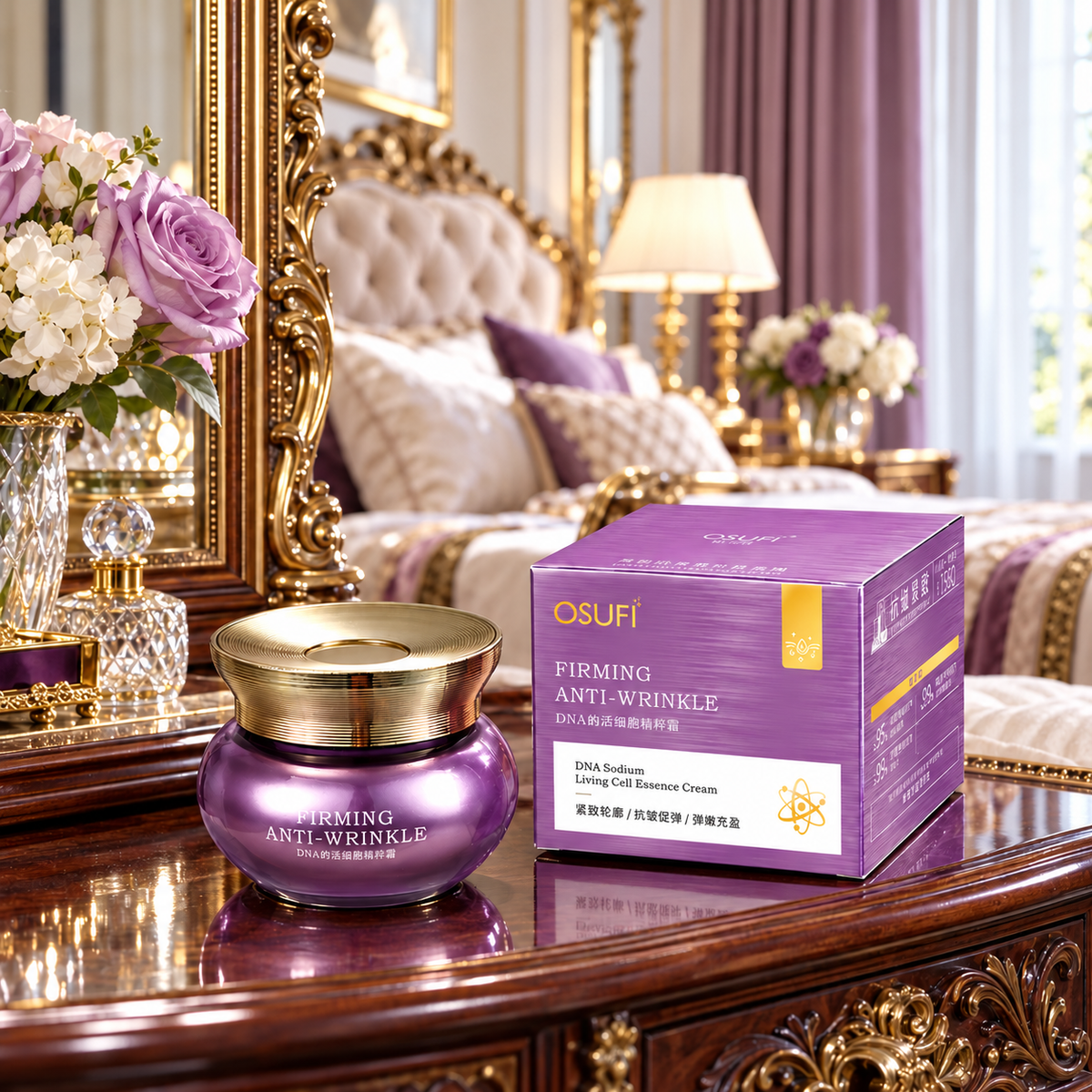 OSUFI DNA Sodium Living Cell Essence Cream in a purple jar with matching carton, 50 g