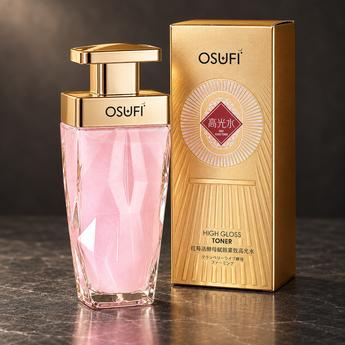 OSUFI High Gloss Toner pink faceted bottle with gold cap and matching carton on dark stone; digitally restyled from supplier photography