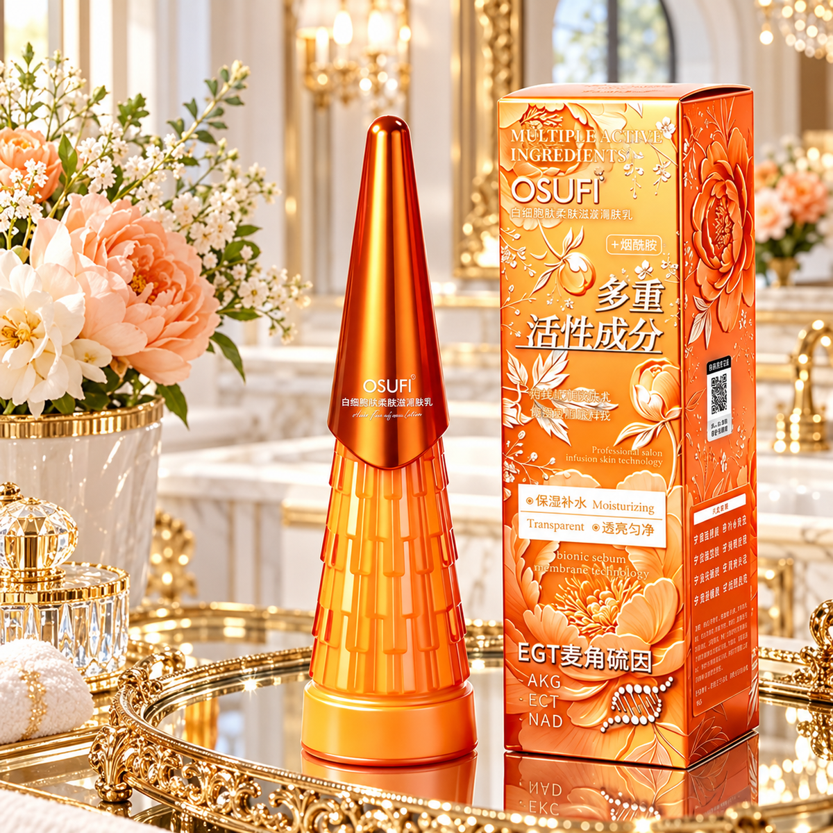 OSUFI orange lotion and matching carton on ornate mirrored shelf