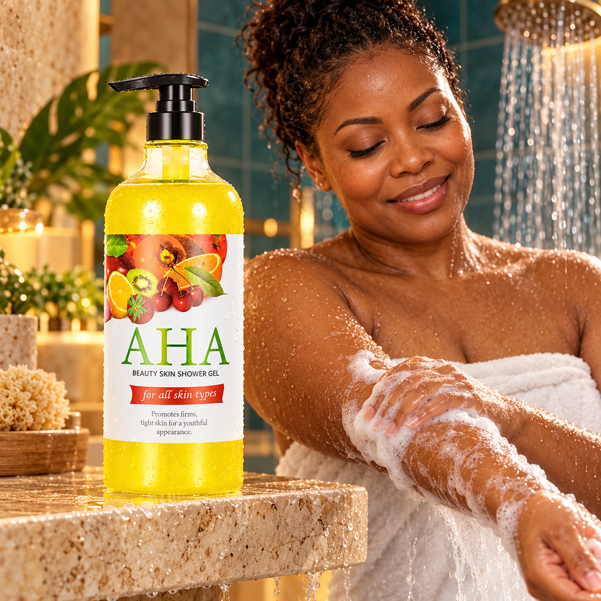 AHA Beauty Skin Shower Gel, 1,000 ml, in a spa setting