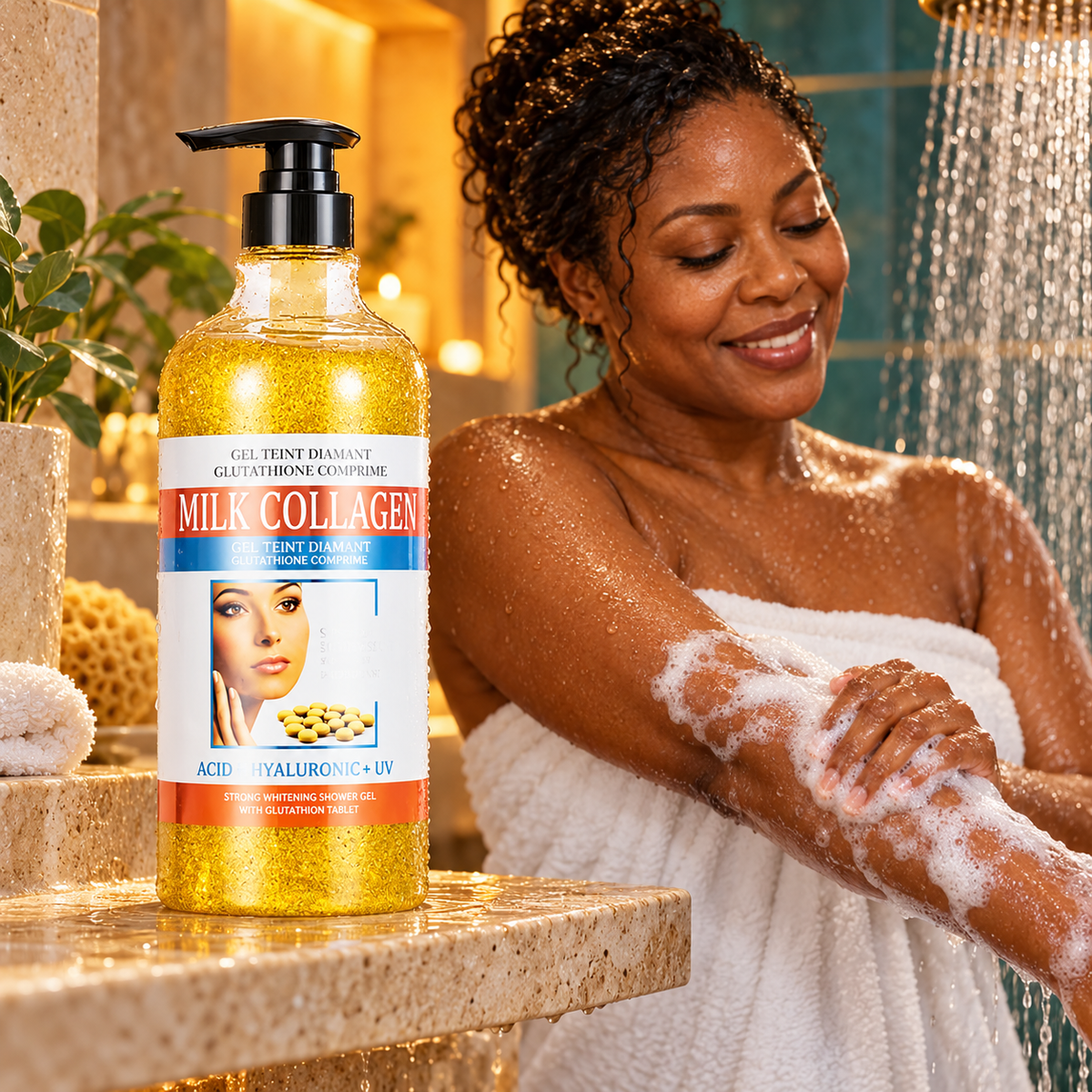 Milk Collagen Shower Gel, 1,000 ml, in a spa setting