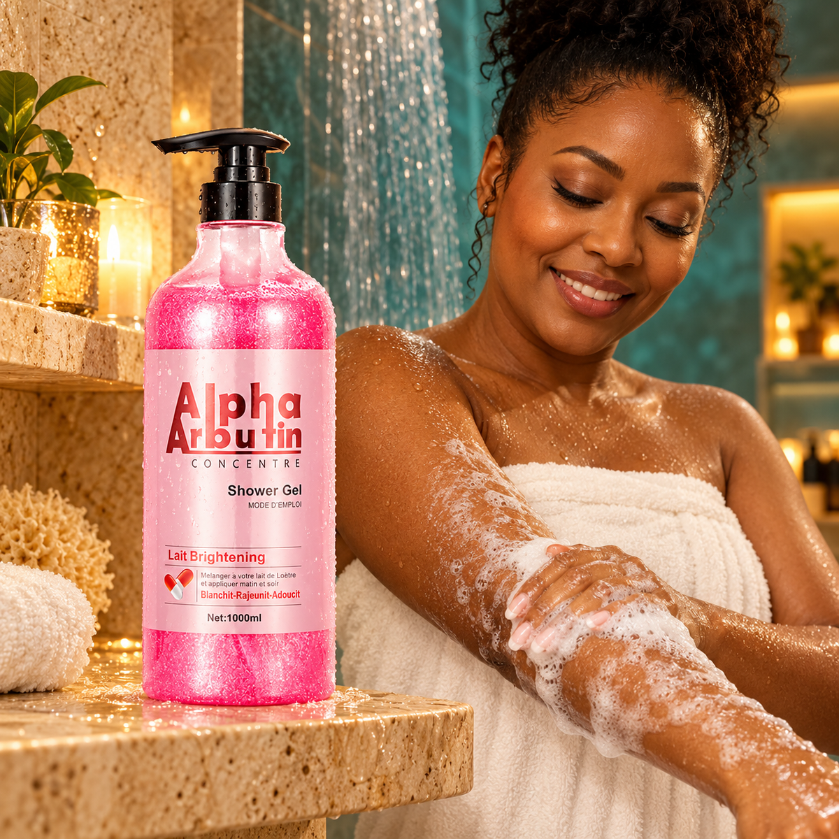 Alpha Arbutin Concentré Shower Gel, 1,000 ml, in a spa setting
