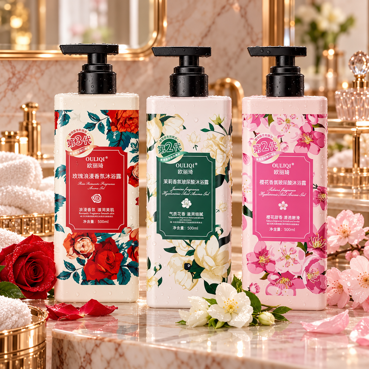 OULIQI 500 ml fragrance shower gel — Rose, Jasmine and Sakura options