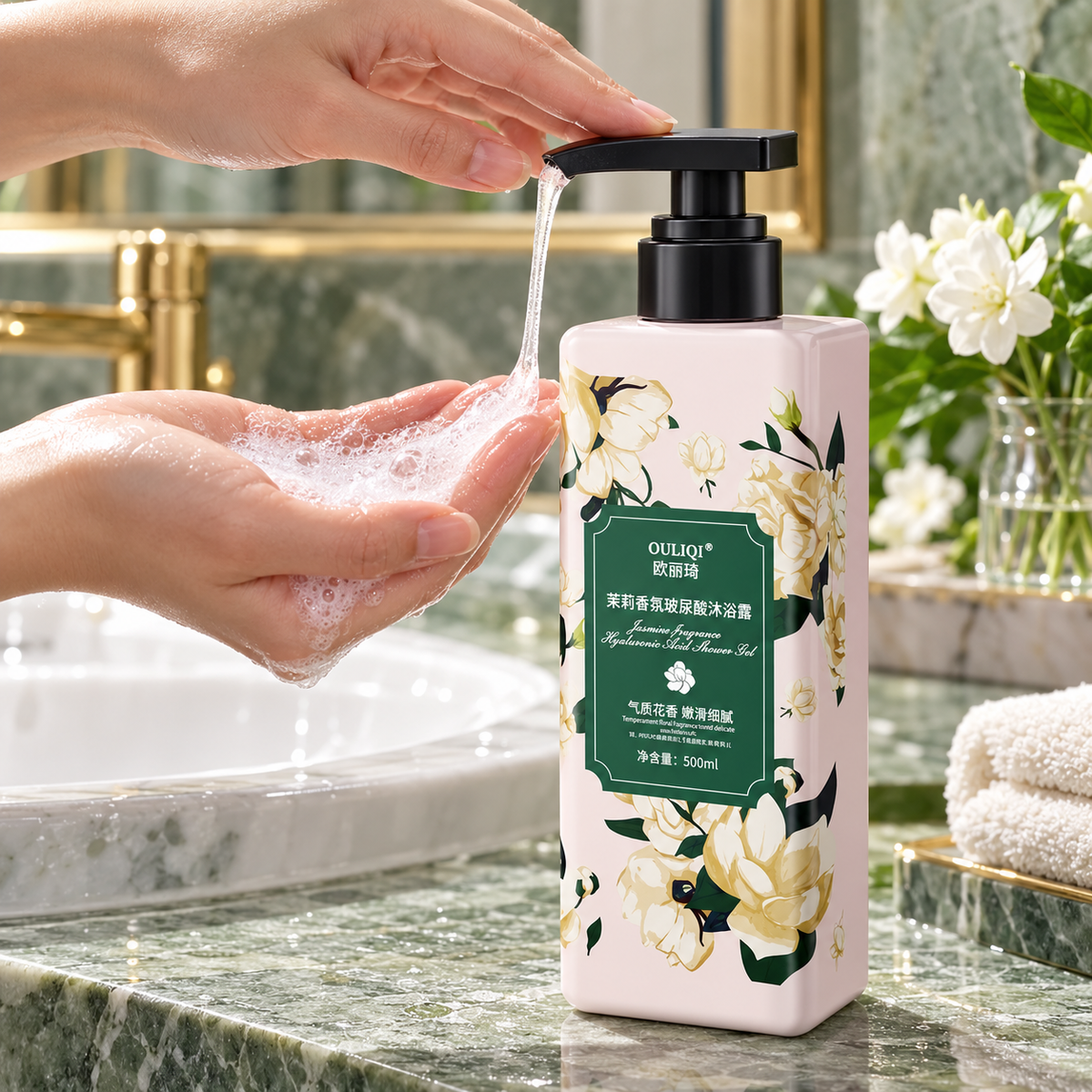 OULIQI 500 ml fragrance shower gel — Jasmine dispensing