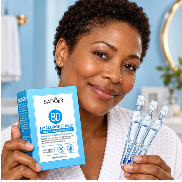 SADOER 8D Hyaluronic Acid Anti-Aging Repair Serum ampoules with model