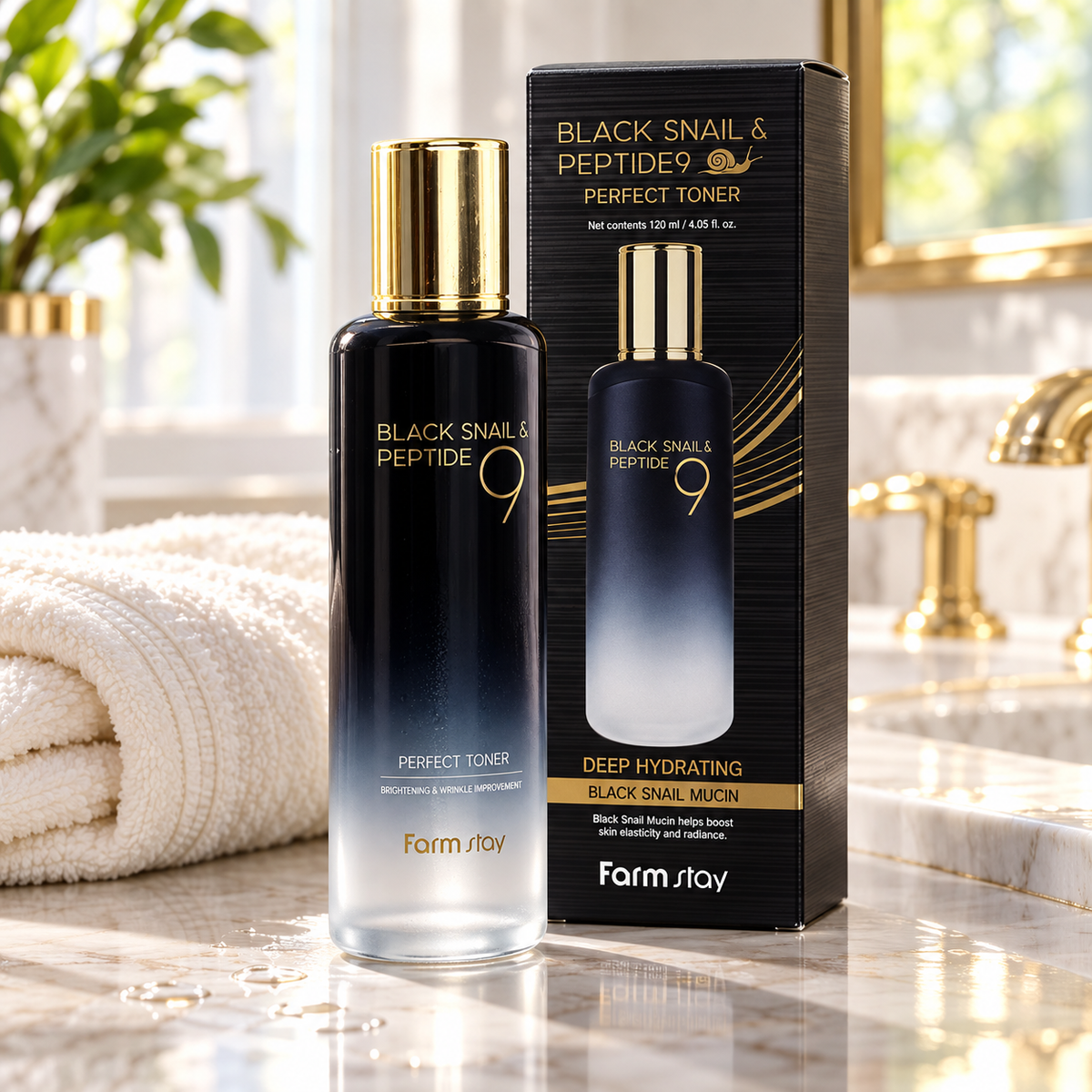 Farmstay Black Snail & Peptide 9 Perfect Toner 120 ml on a bright vanity