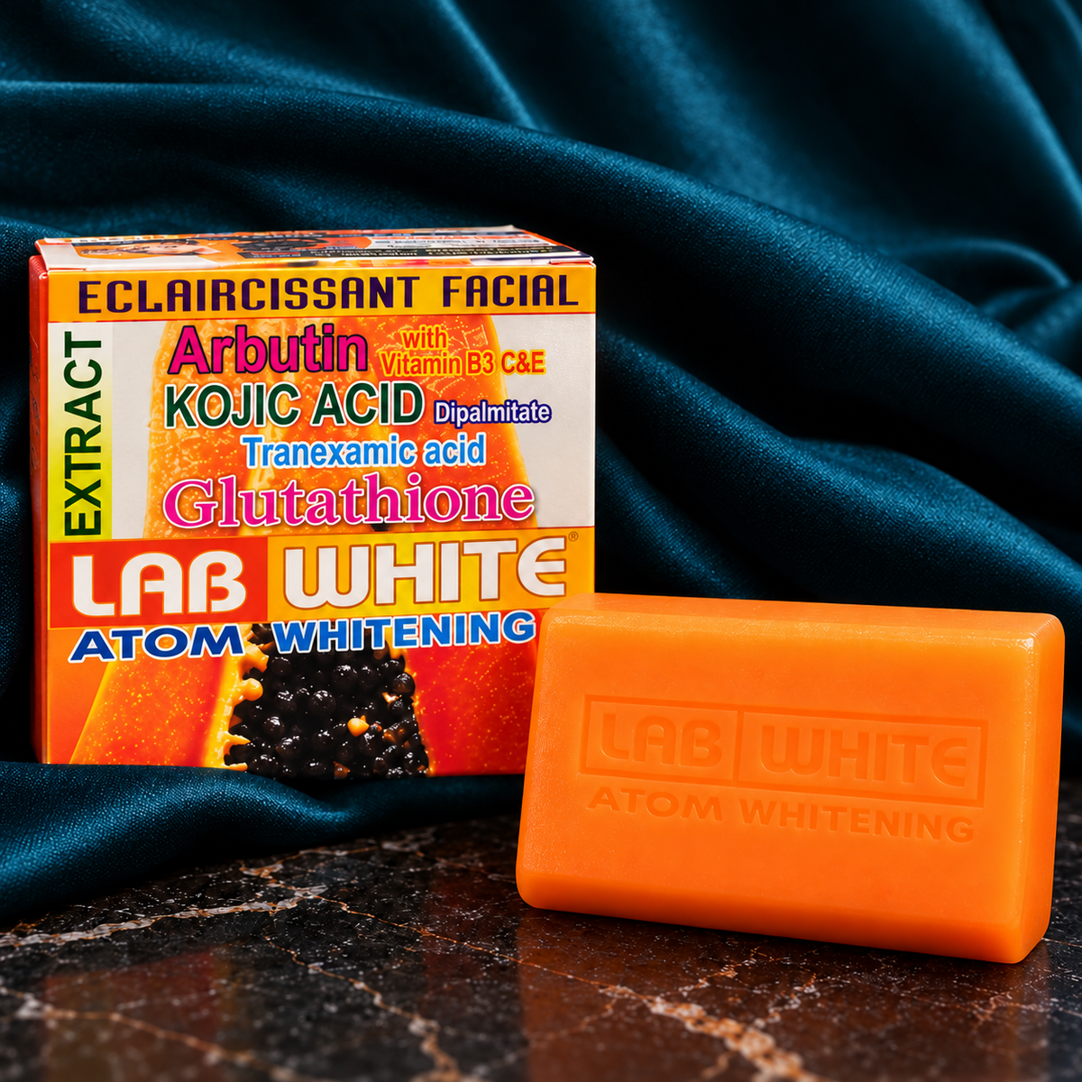 LAB WHITE Papaya Soap — close detail of the front carton print with orange embossed bar