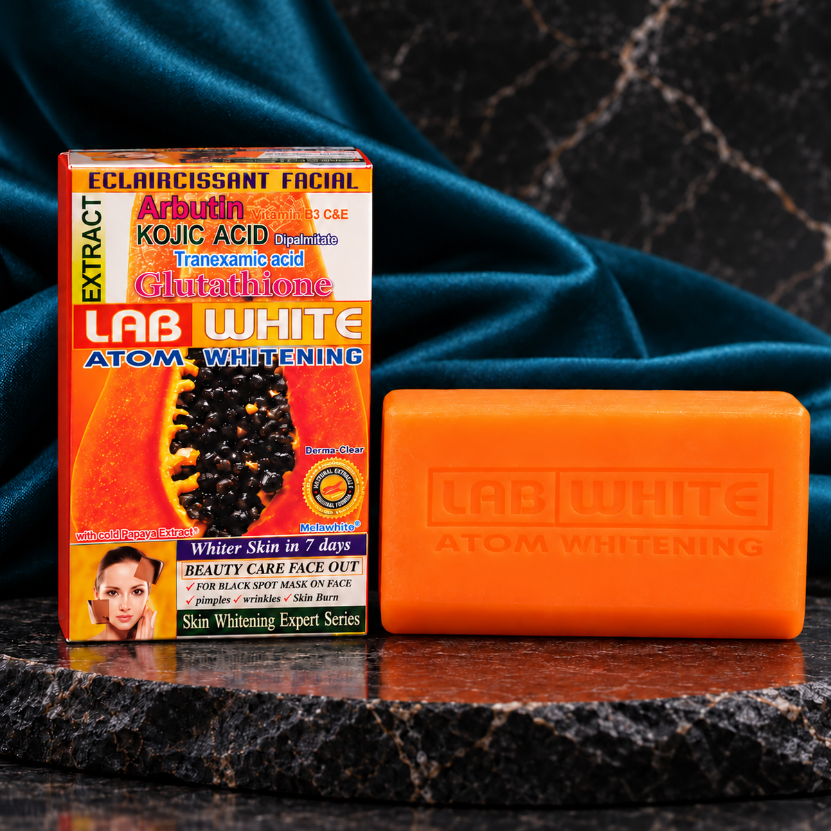 LAB WHITE Papaya Soap — frontal carton and actual orange embossed bar