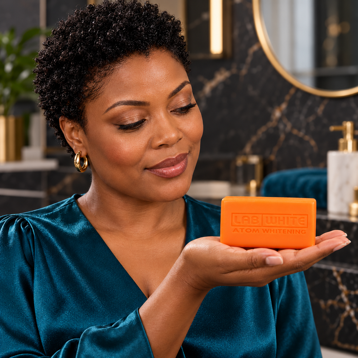 AI-styled adult model presenting the orange LAB WHITE Papaya soap bar; not a testimonial or results image