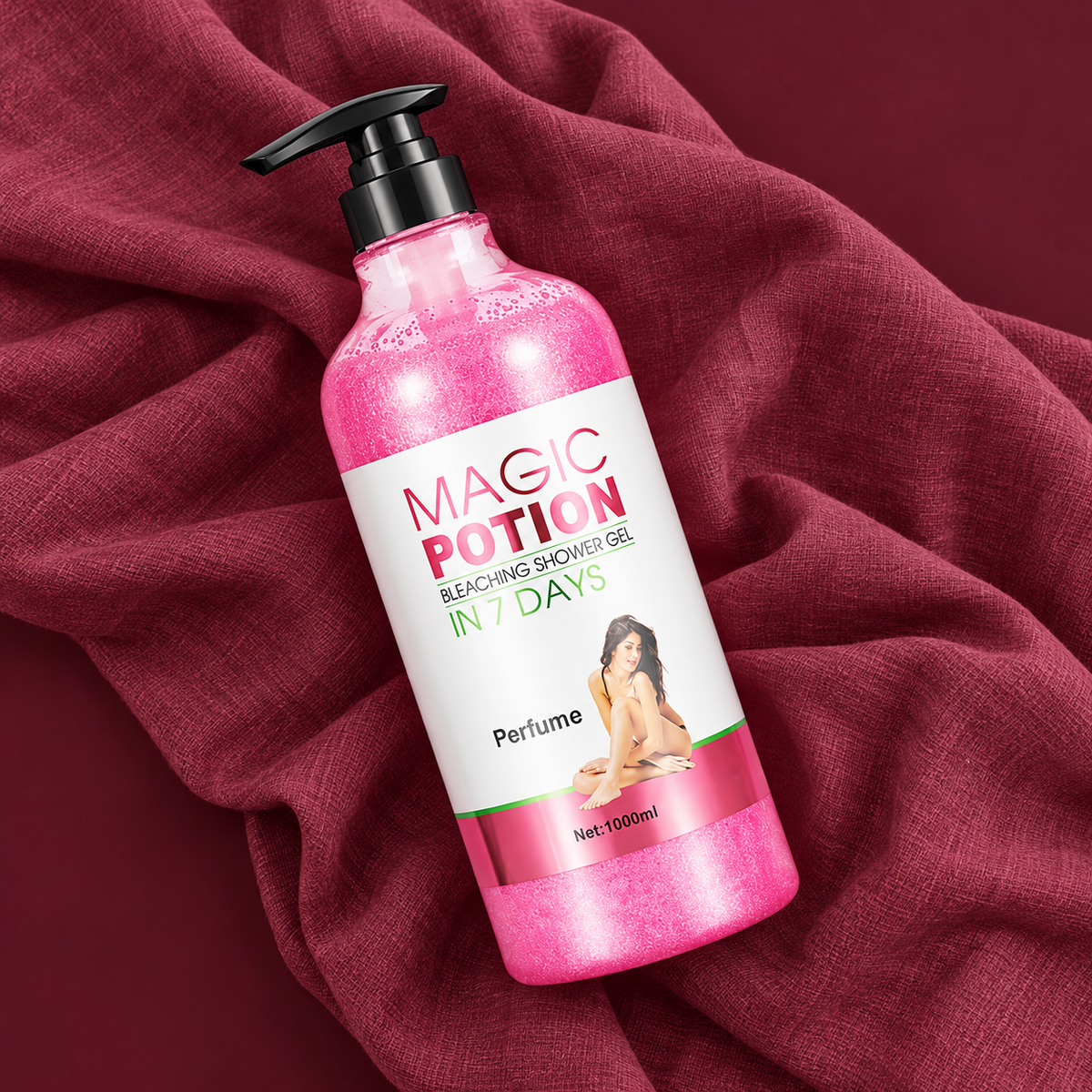 Magic Potion Perfume Shower Gel bottle on rose linen