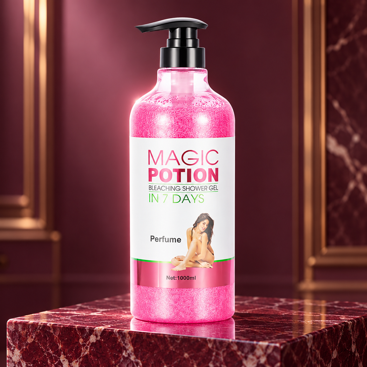Magic Potion Perfume Shower Gel bottle on burgundy marble
