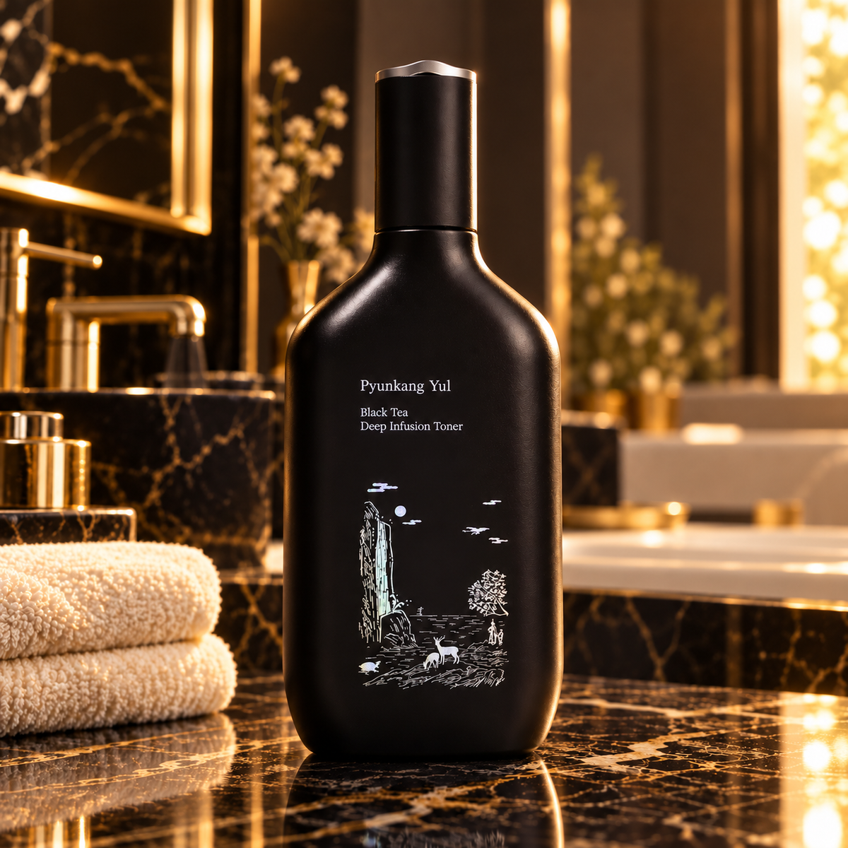 Pyunkang Yul Black Tea 130 ml toner — bottle on home bathroom vanity