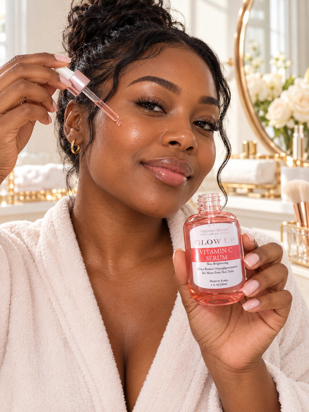 Adult Black woman using Precision Beauty Glow Up Vitamin C Serum 60 ml with visible front label