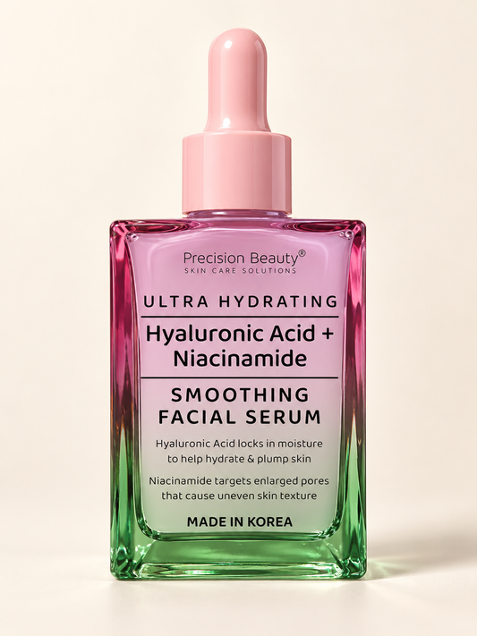 Precision Beauty Hyaluronic Acid and Niacinamide serum in its actual pink rectangular bottle