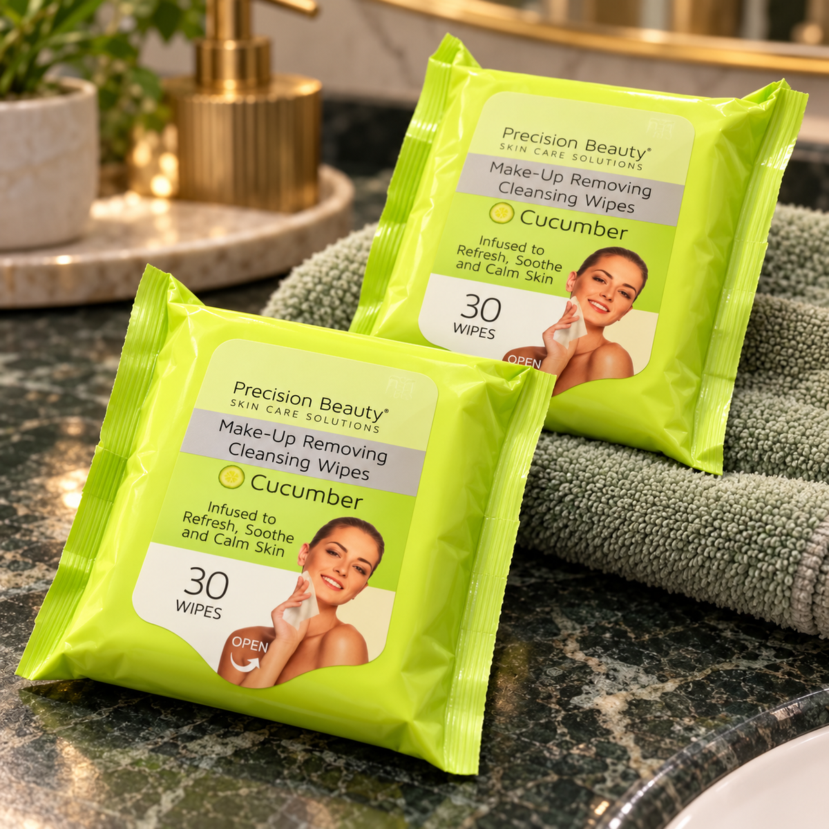 Precision Beauty Cucumber 2-pack, two closed 30-wipe packets and resealable label detail