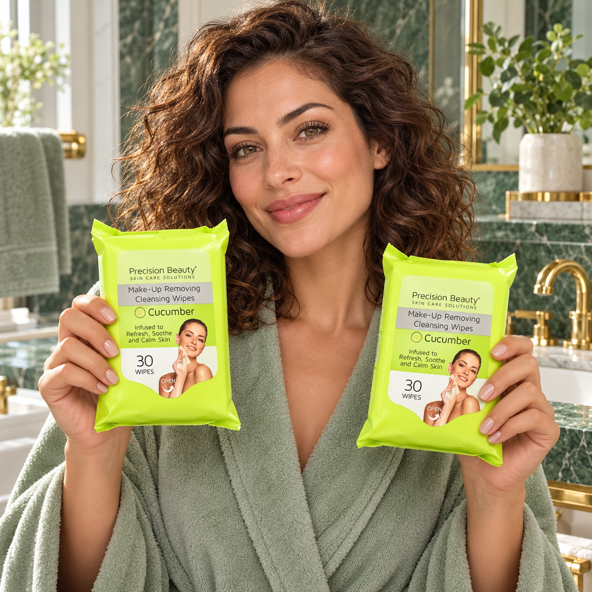 Precision Beauty Cucumber 2-pack, two 30-wipe packets presented by one woman