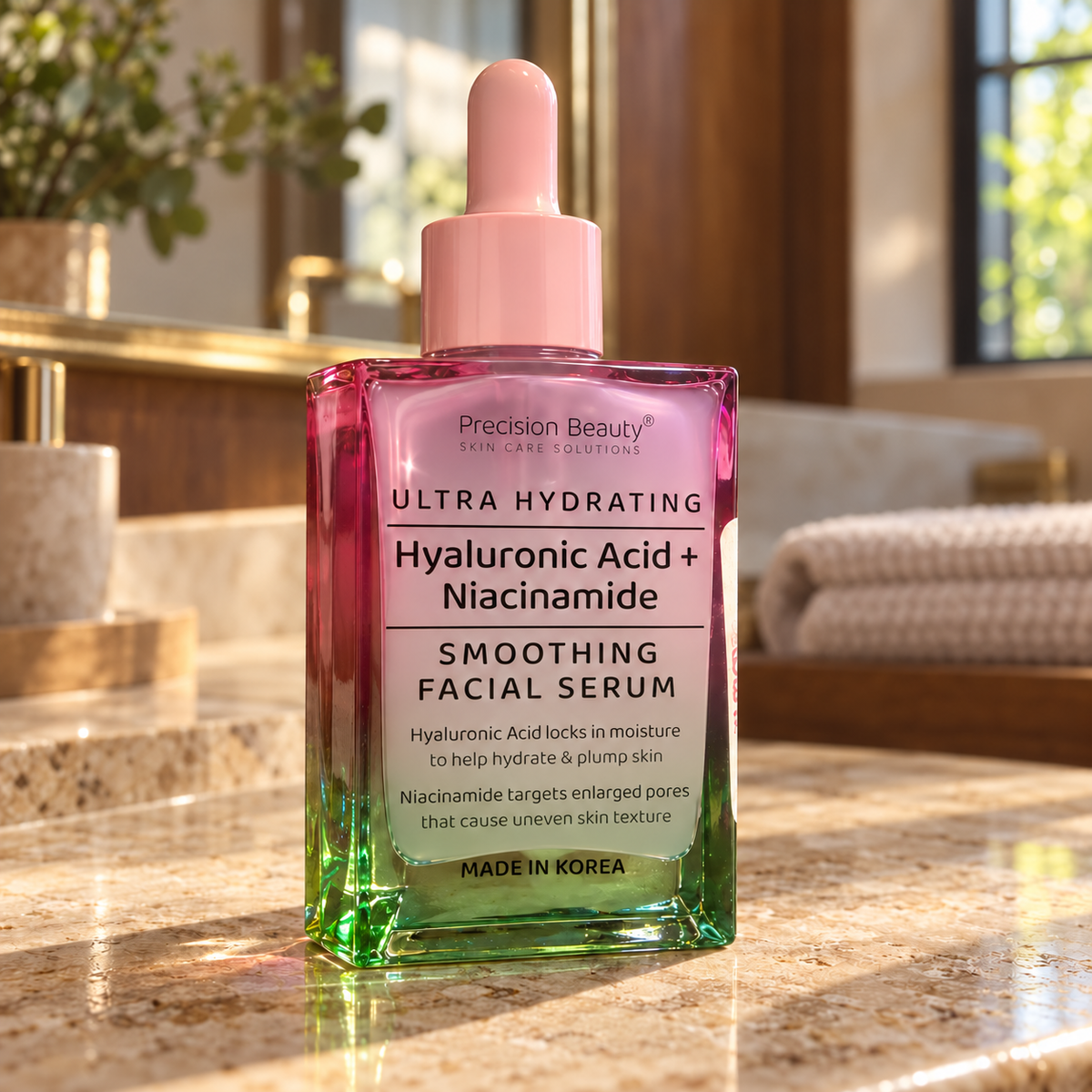 Precision Beauty Hyaluronic Acid and Niacinamide serum in its pink rectangular bottle on a home vanity
