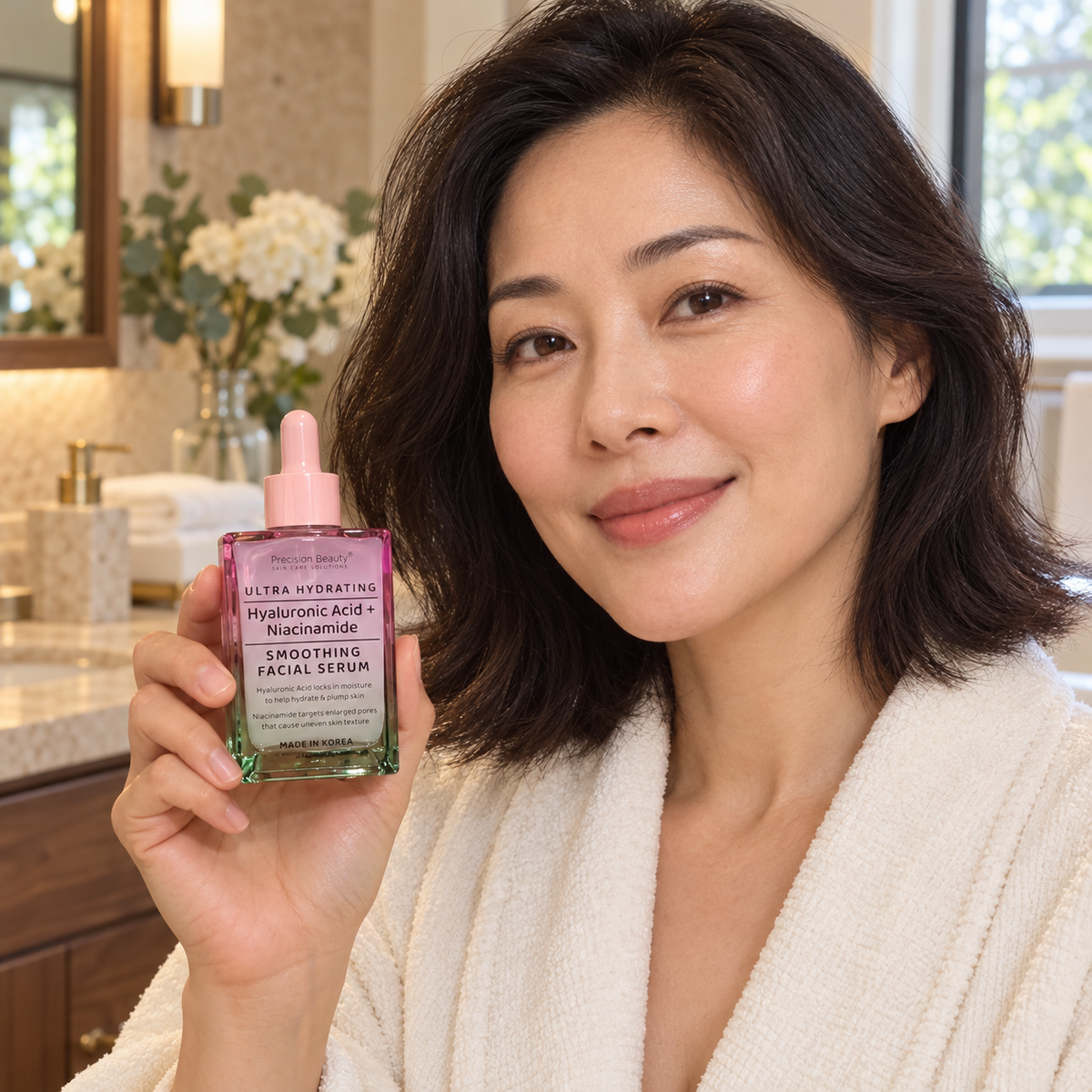 Woman holding Precision Beauty Hyaluronic Acid and Niacinamide serum in its pink rectangular bottle