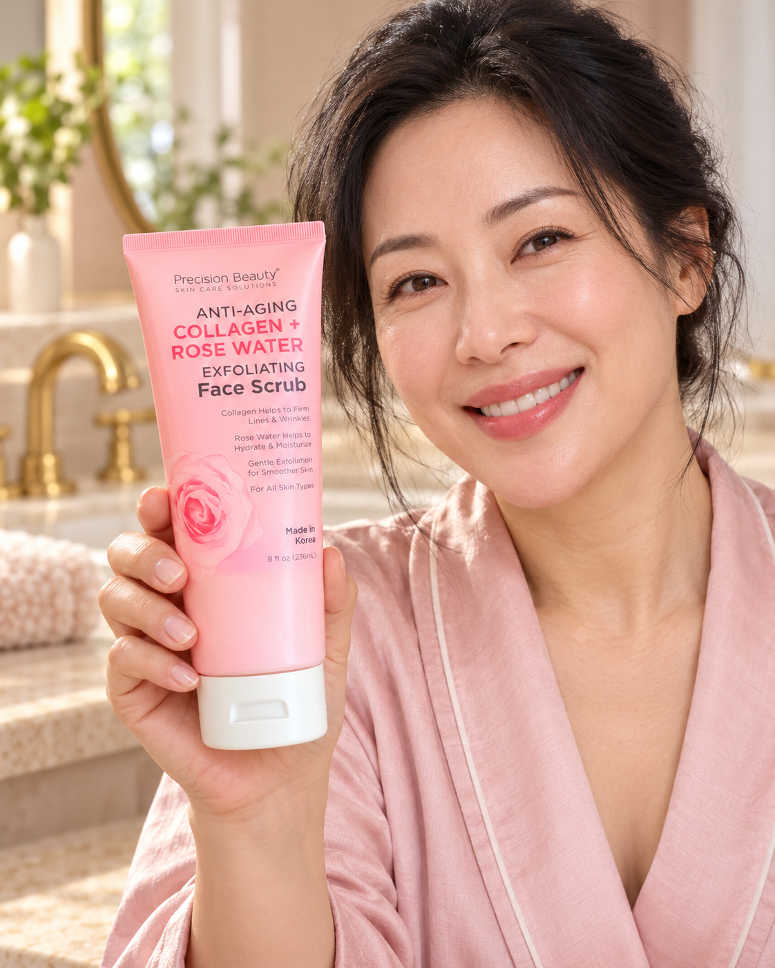 Precision Beauty Collagen and Rose Water face scrub 236 mL — model holding tube