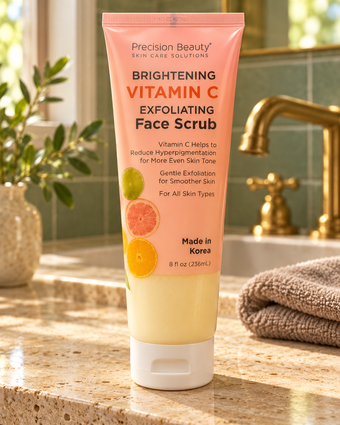 Precision Beauty Vitamin C Face Scrub 236ml tube on home bathroom vanity