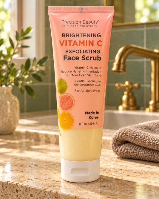 Precision Beauty Vitamin C Face Scrub 236ml tube on home bathroom vanity