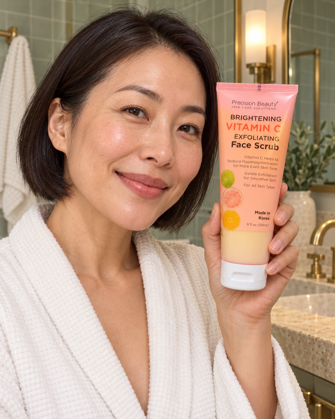 Woman holding Precision Beauty Vitamin C Face Scrub 236ml
