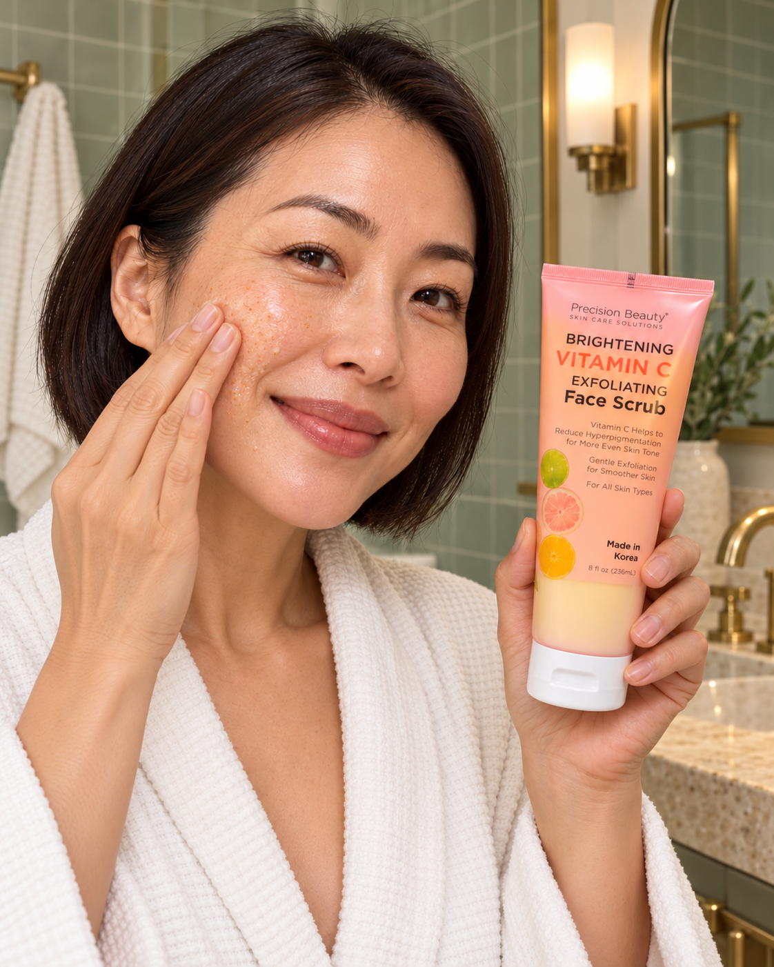 Same woman gently using Precision Beauty Vitamin C Face Scrub