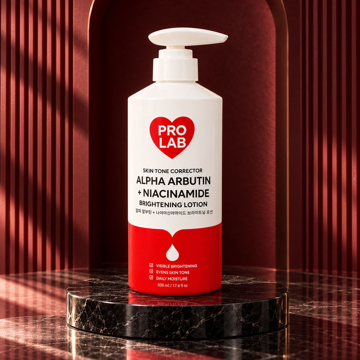 PRO LAB Alpha Arbutin + Niacinamide 500 ml pump bottle in a burgundy architectural setting; styled product photograph.