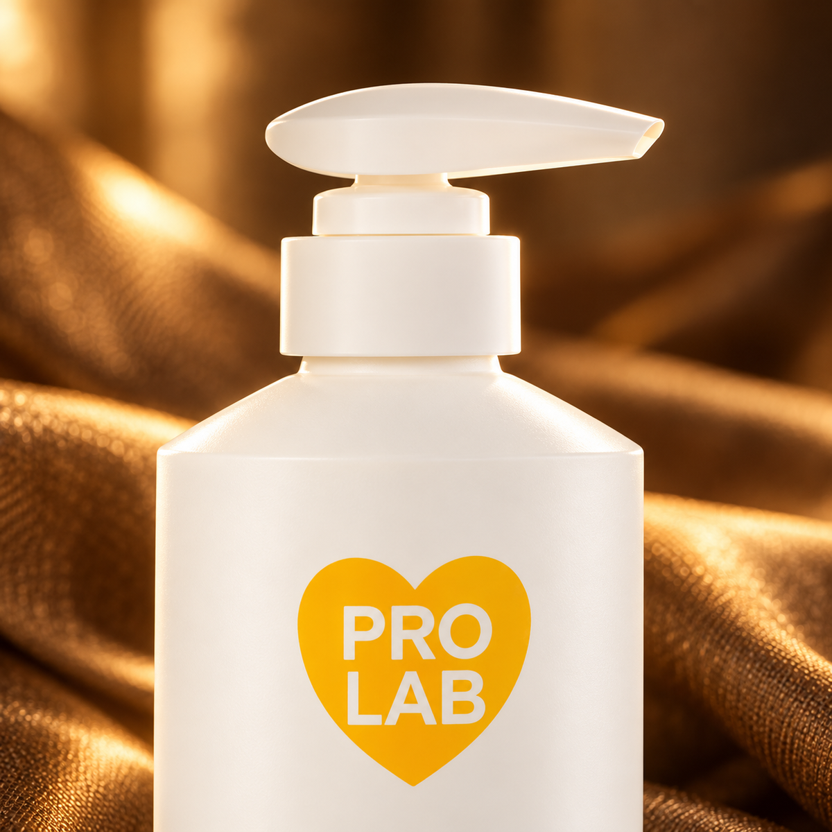 PRO LAB Ceramide Body Lotion bottle pump and yellow-heart brand detail; styled close-up photograph.