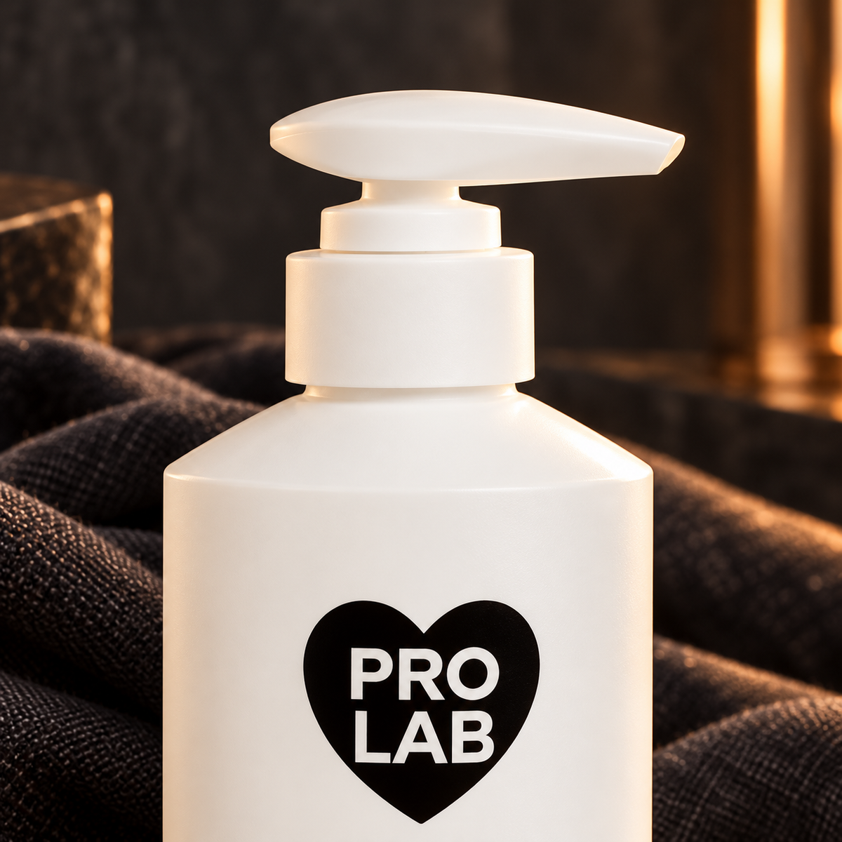 PRO LAB Kojic Dipalmitate + HA bottle pump and black-heart brand detail; styled close-up photograph.