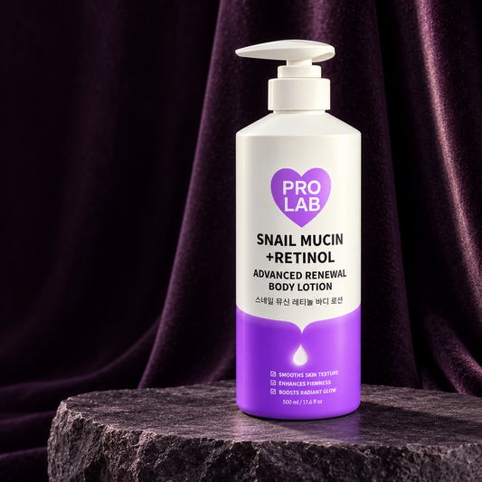 PRO LAB Snail Mucin + Retinol Advanced Renewal Body Lotion 500 ml — closed pump bottle against plum velvet.