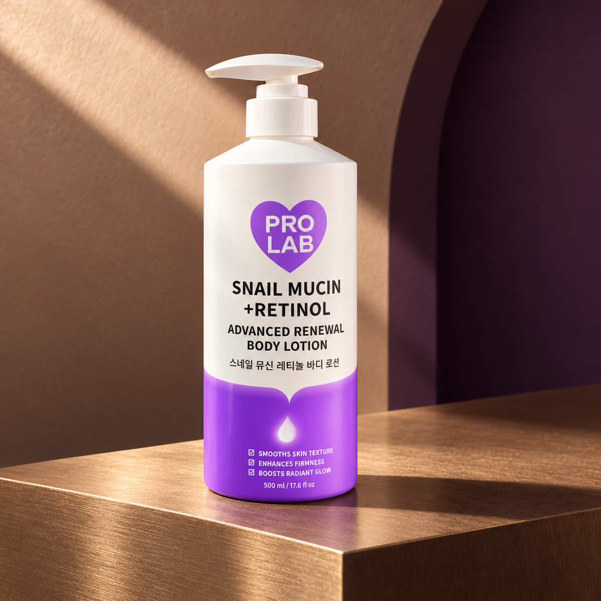 PRO LAB Snail Mucin + Retinol Advanced Renewal Body Lotion 500 ml — closed pump bottle on a bronze architectural ledge.