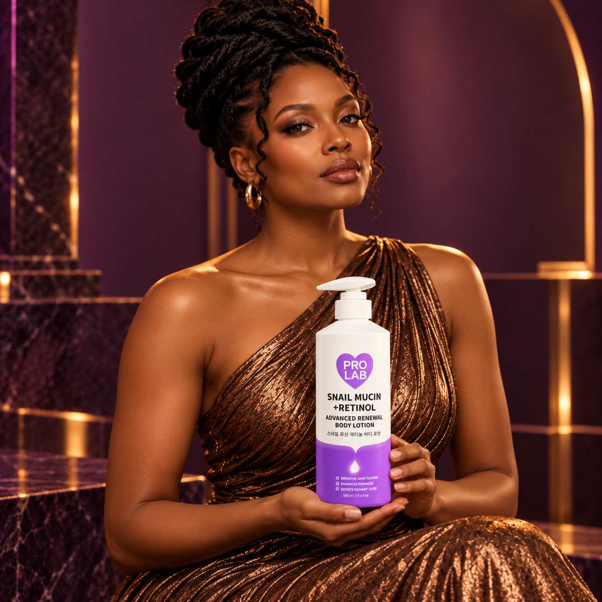 PRO LAB Snail Mucin + Retinol Advanced Renewal Body Lotion 500 ml — a fictional adult model presenting one closed pump bottle.