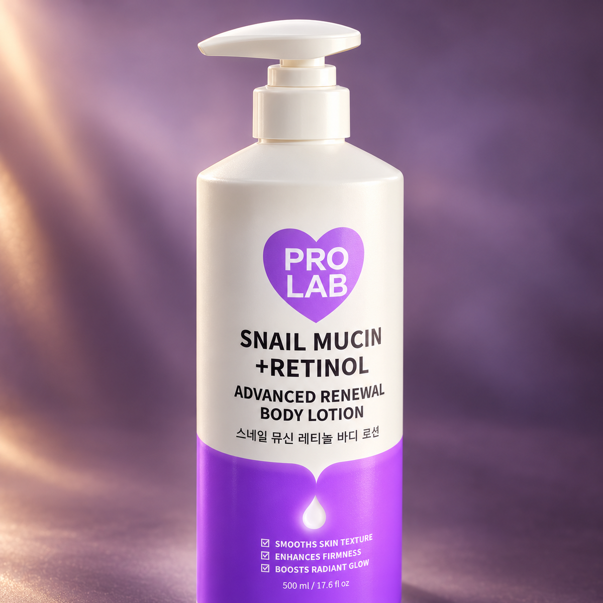 PRO LAB Snail Mucin + Retinol Advanced Renewal Body Lotion 500 ml — close view of the assembled pump and front label.