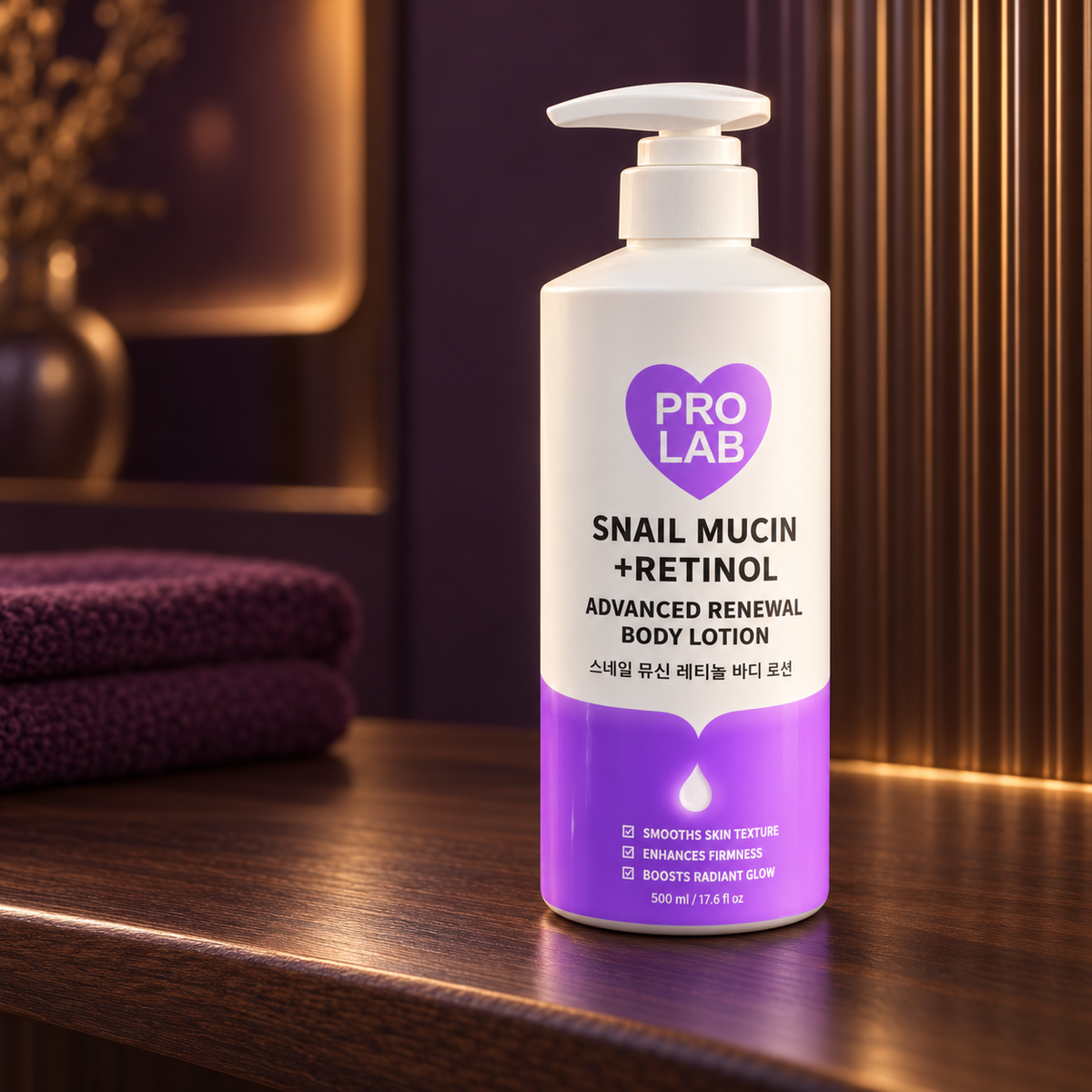 PRO LAB Snail Mucin + Retinol Advanced Renewal Body Lotion 500 ml — closed pump bottle on a dark walnut vanity.